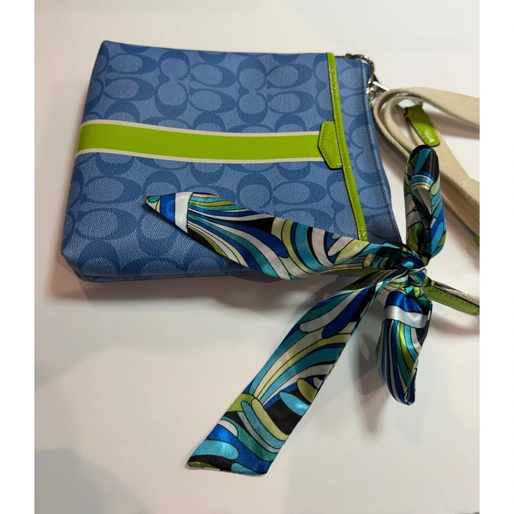 Coach Signature Blue Monogram Crossbody Bag Lime Green Stripe